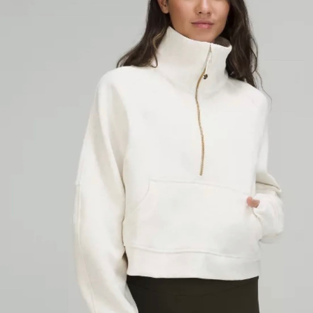 NWT Lululemon oversized, funnel neck scuba in Heathered ivory gold zip XS/S rare